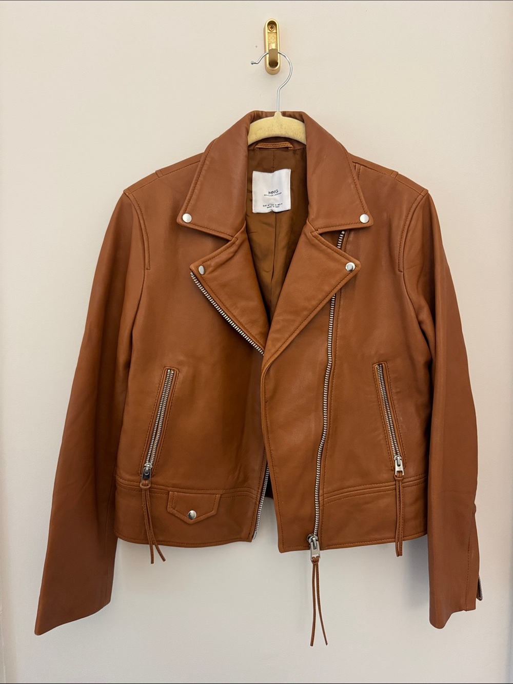 Mango Brown Leather Motorcycle Jacket Sz Medium